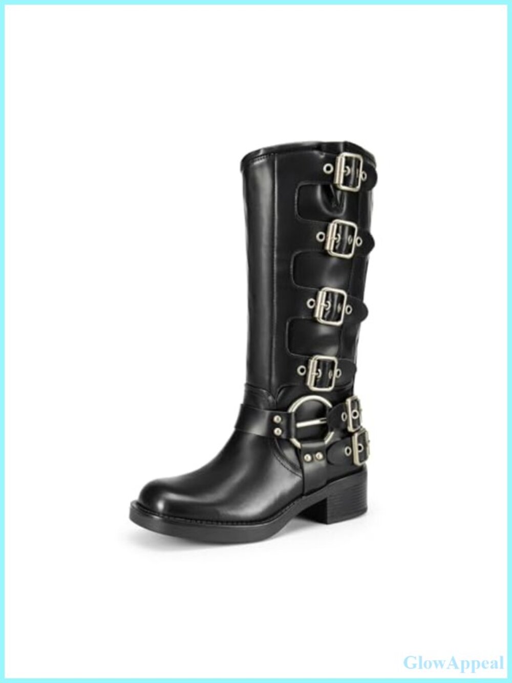Faux Leather Knee High Moto Boots Square Toe Block Heel Buckle Straps Pull On